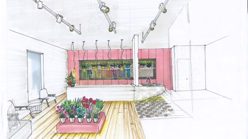 Untitled design(8) свежест,елегантност,индустриална естетика,цялостен дизайн,цветарски магазин,бутиков интериор,натурални материали,зелена стена,текстурирани плочки,металиков нюанс,озайка,бетонова настилка,керамични плочки,акцентно осветление,разсеяна светлина,визуално зониране,рафт система,флорален интериор,естетично подреждане,модерен магазин,търговско пространство,интериорно вдъхновение,природа в интериора,градски оазис,дизайн на магазини,концептуален интериор,интериорно изживяване,мястото-където-и-дизайнът-разцъфва,дизайнът разцъфва